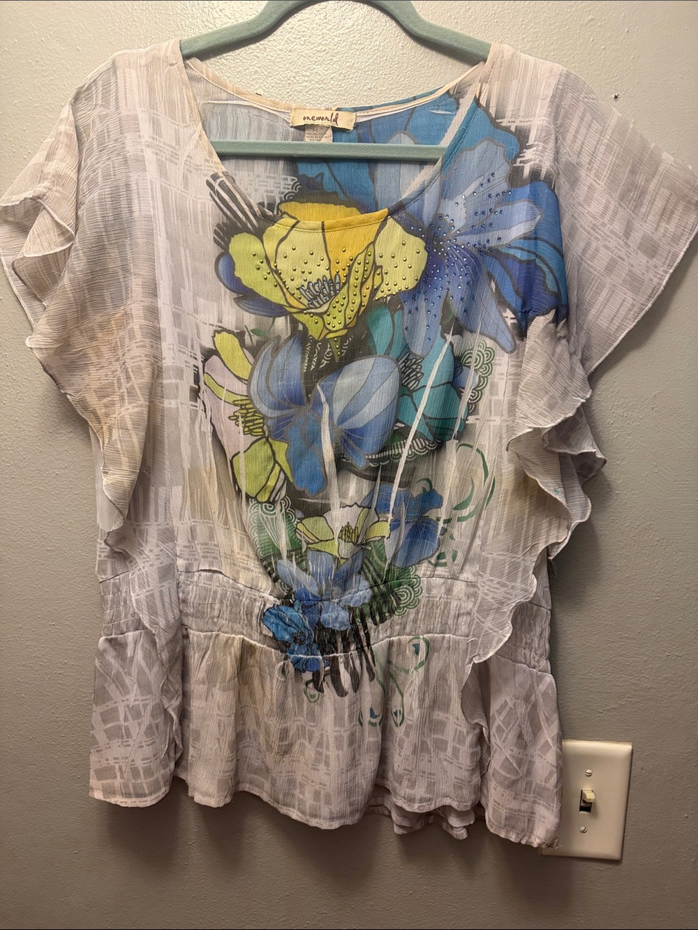 ONE WORLD Light Gray Sheer Floral Flutter Sleeve Blouse, Blue & Yellow Floral